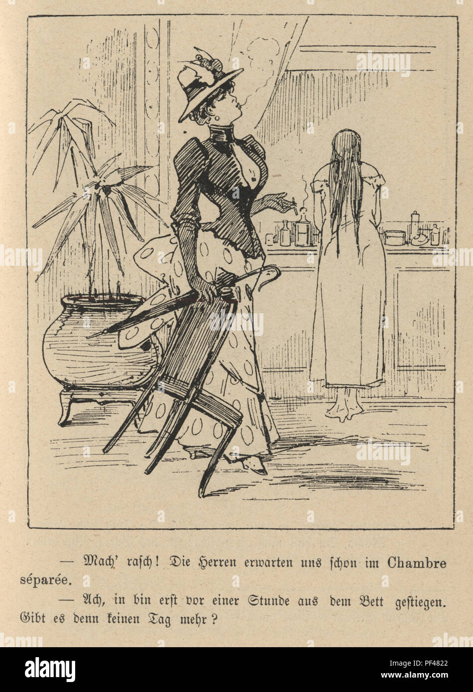Vintage gravure d'une caricature de jeune femme whiel fumer une autre s'enlève, 1880, Allemand Banque D'Images