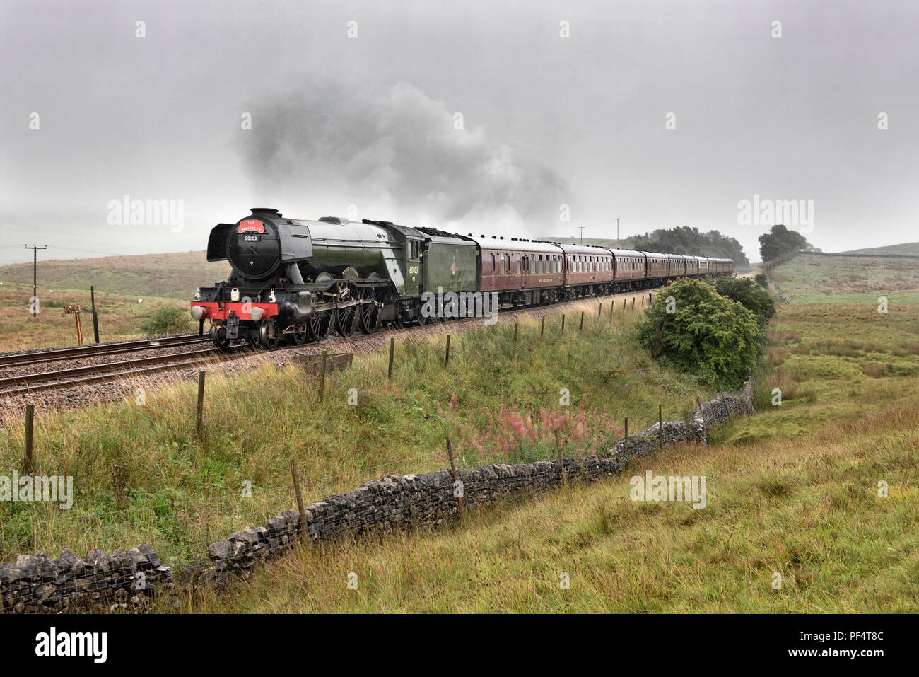 Le Yorkshire, UK. 19 août 2018. Sur un jour nuageux et humide, la célèbre Flying Scotsman locomotive vapeur transporte 'le' Waverley sur un York-Carlisle spécial voyage de retour. C'est la première machine à vapeur de spécial à exécuter au cours de la ligne de chemin de fer Settle-Carlisle sans aide "diesel" pendant quelques semaines. Jusqu'à cette semaine le sec conditions requises un diesel d'être jointe à la loco vapeur sur promotions pour réduire le risque d'incendies est lancé par le débit de la machine à vapeur. Vu ici près de Horton-en-Ribblesdale dans le Parc National des Yorkshire Dales. Crédit : John Bentley/Alamy Live News Banque D'Images