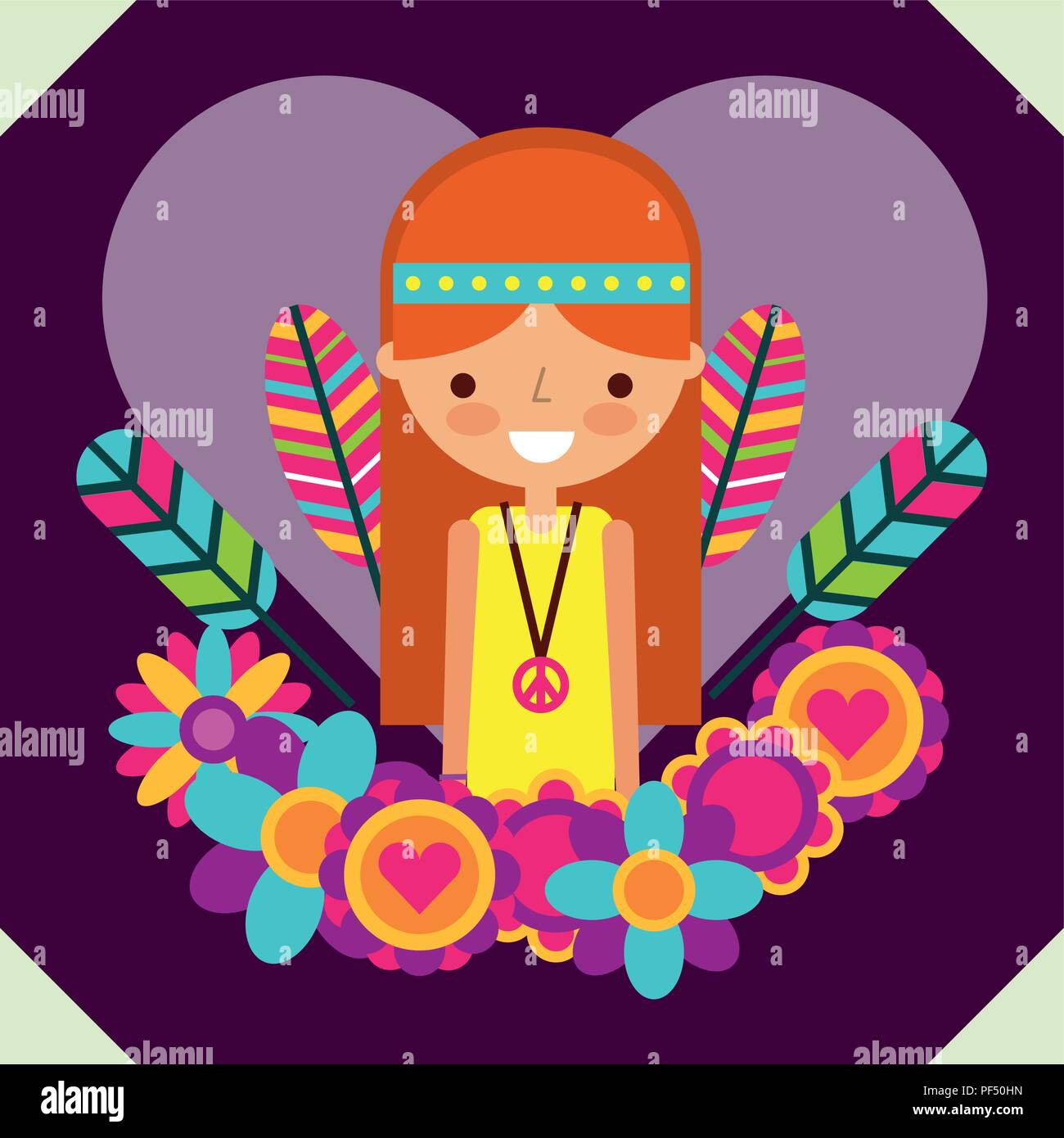 Femme hippie esprit libre en amour coeur fleurs Illustration de Vecteur