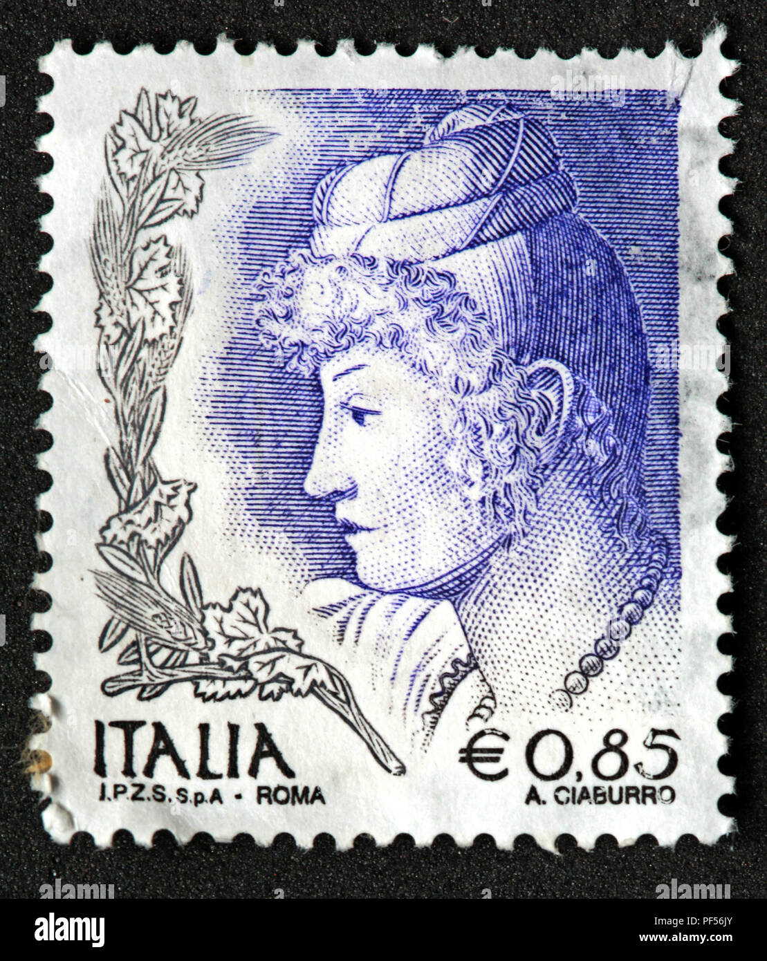 Bleu utilisé Italia Spa IPZS stamp - Roma - 0,85 euro - UN Ciaburro Banque D'Images