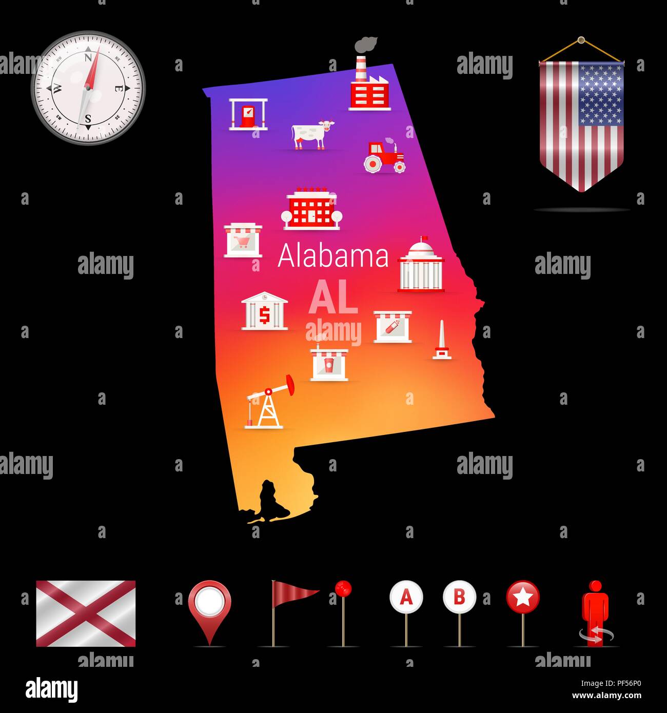 Alabama Carte vectorielle, Vision de nuit. L'icône de la boussole, la carte Éléments de navigation. Fanion drapeau des États-Unis. Drapeau de l'Alabama vecteur. Diverses industries, la géographie économique des icônes. Illustration de Vecteur