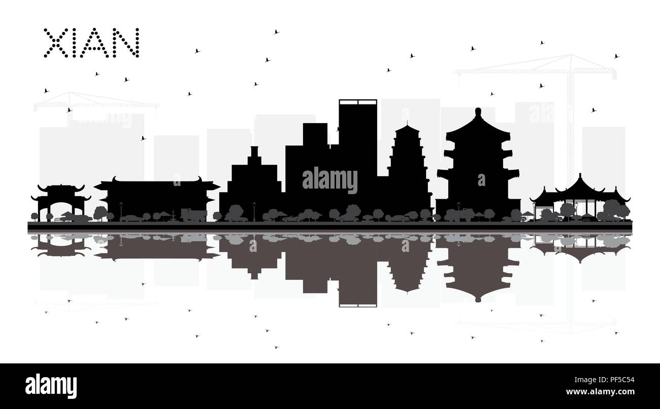 Xian Chine City skyline silhouette noir et blanc avec des reflets. Vector illustration. Concept simple pour le tourisme présentation, bannière, placar Illustration de Vecteur