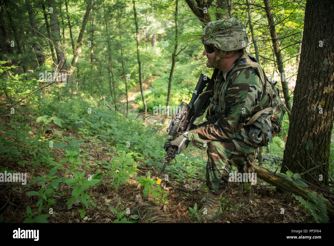 La CPS de l'armée américaine. Kristopher Okeefe, 515e compagnie de sapeurs, les patrouilles les bois wile agissant comme force d'opposition (OPFOR) au cours de l'exercice de formation de soutien au combat (CSTX) 86-18-02 de Fort McCoy, Wisconsin (Etats-Unis), 12 août 2018. C'est la deuxième CSTX de l'été pour la 86e Division de la formation. L'CSTX exercice est un événement de formation de grande envergure où l'expérience des scénarios de formation tactique des unités spécialement conçu pour reproduire des missions. (U.S. Photo de la réserve de l'armée par la CPS. John Russell) Banque D'Images