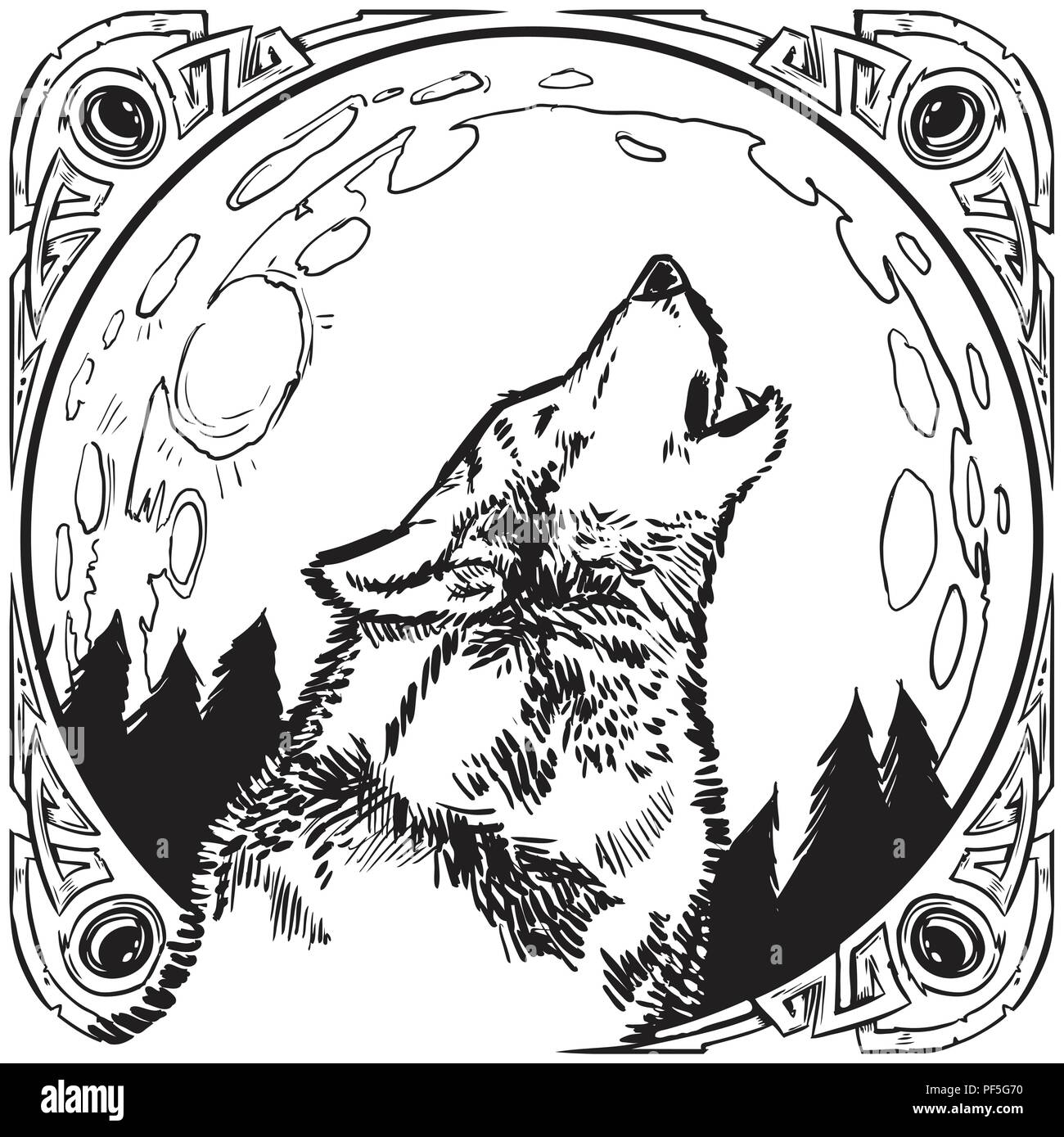 Vector cartoon clip art illustration d'un loup hurlant devant une pleine  lune de nuit avec un arbres contenus dans un cadre ou incrustée de bord  Image Vectorielle Stock - Alamy