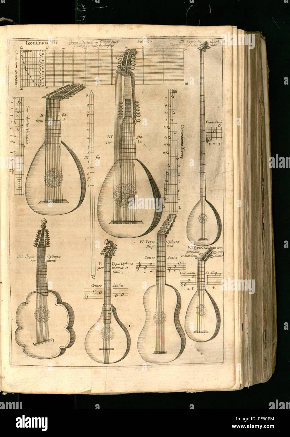 Athanasius Kircher - Instruments à cordes pincées de Musurgia universalis. Banque D'Images