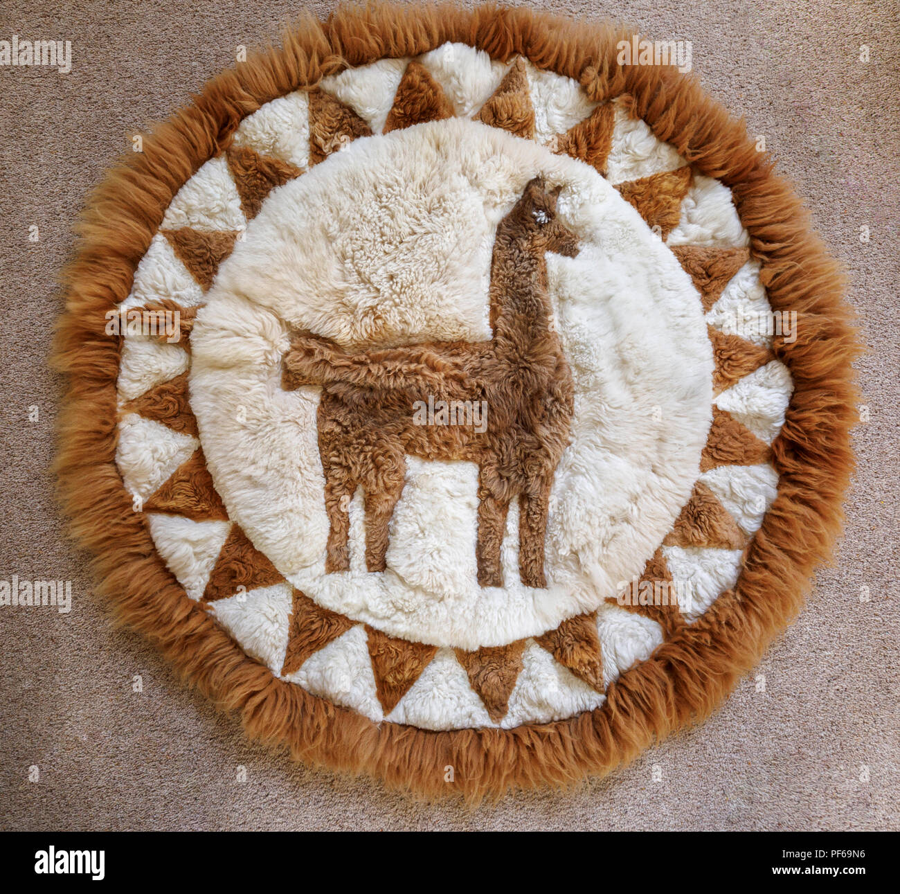 Péruvien typique ou souvenir de Bolivie : un doux et moelleux tapis  patchwork fait main à partir de morceaux de peau d'alpaga à former une  image d'un lama ou d'alpaga Photo Stock -