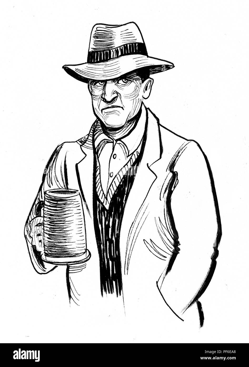 L'homme à chapeau avec un mug de bière. Illustration noir et blanc Encre Banque D'Images