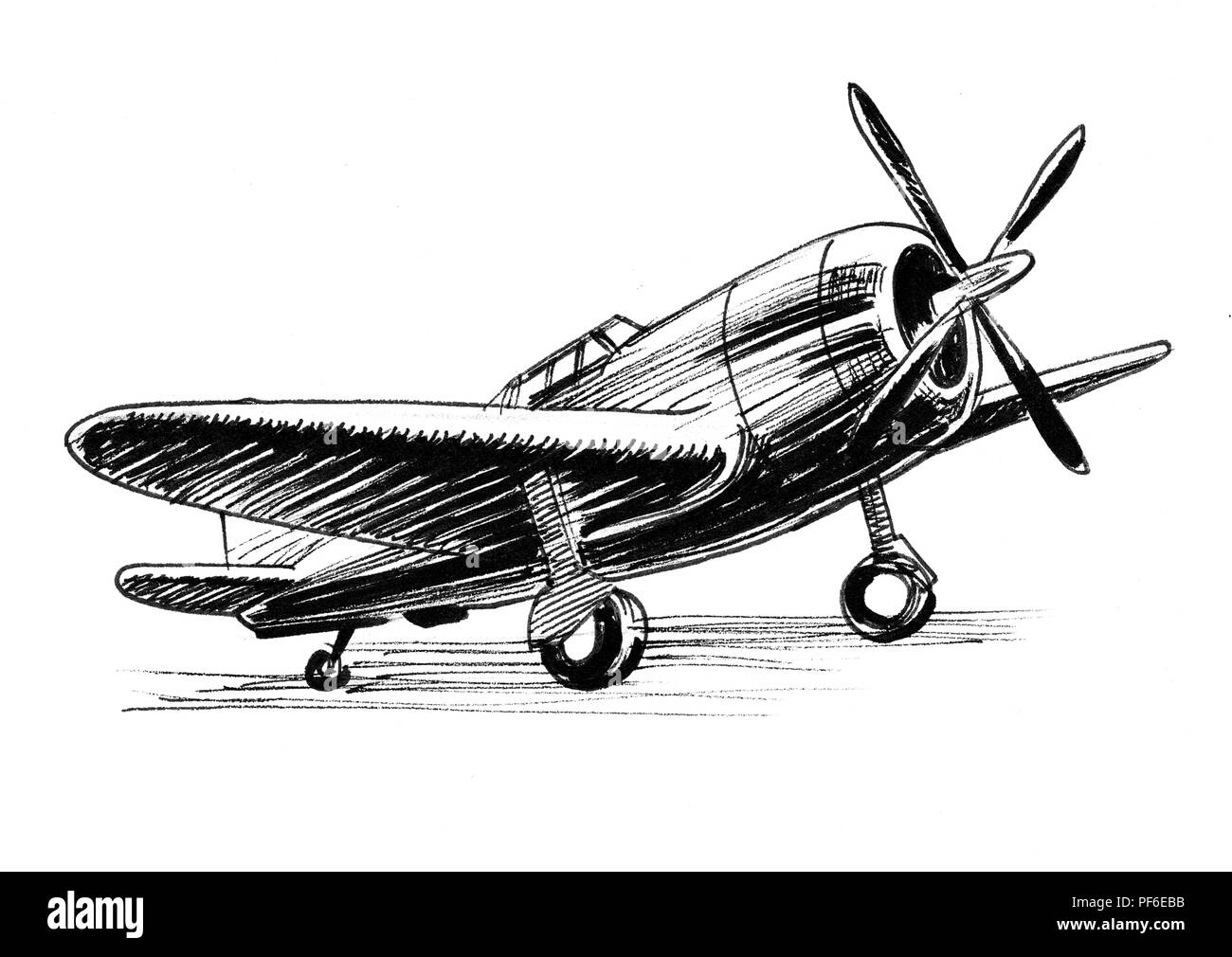 La première guerre mondiale avion de chasse militaire 2. Illustration noir et blanc à l'encre. Banque D'Images