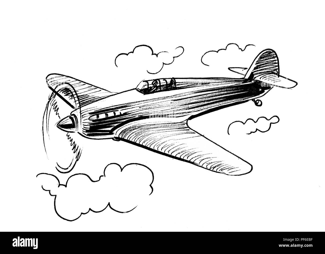 La première guerre mondiale avion de chasse militaire 2. Illustration noir et blanc à l'encre. Banque D'Images