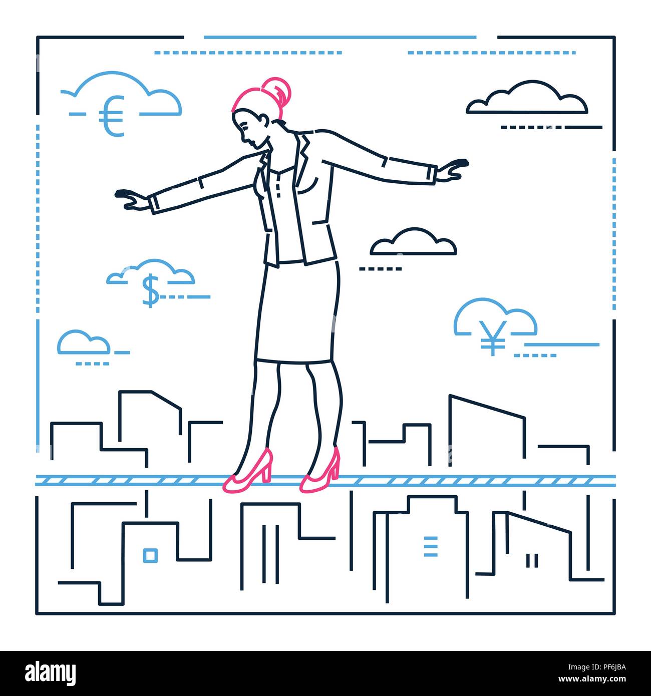 Businesswoman walking on a wire- line style design illustration Illustration de Vecteur