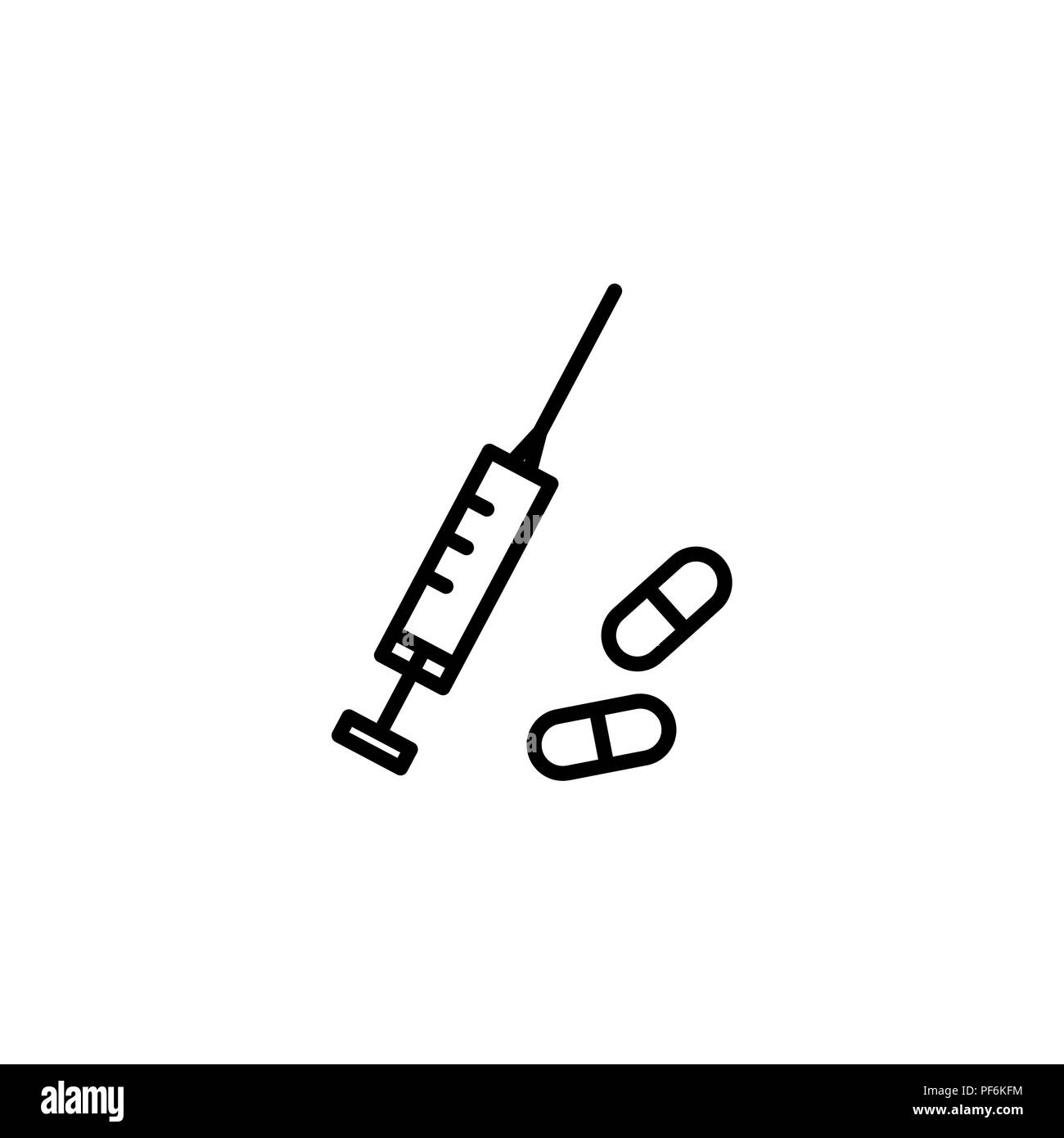 L'icône de la ligne web. Seringue et comprimés. noir sur fond blanc Illustration de Vecteur