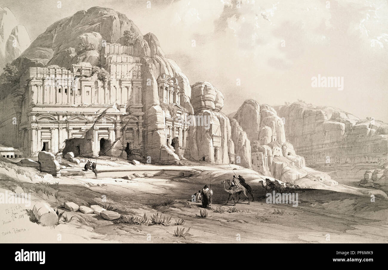 Petra qui fais la partie supérieure ou l'Est de l'extrémité de la vallée. Après un travail de l'artiste Écossais David Roberts, 1796-1864 et lithographe belge Louis Haghe, 1806-1885. Banque D'Images