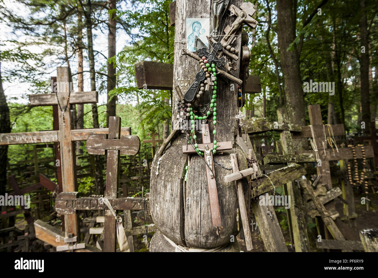 Grabarka, Podlaskie, Pologne. 18 Juin, 2017. La sainte croix de bois avec des symboles de Jésus Christ sur la montagne de Grabarka, Pologne, au cours de la célébration de la Sainte Transfiguration. Credit : Celestino Arce Lavin/ZUMA/Alamy Fil Live News Banque D'Images