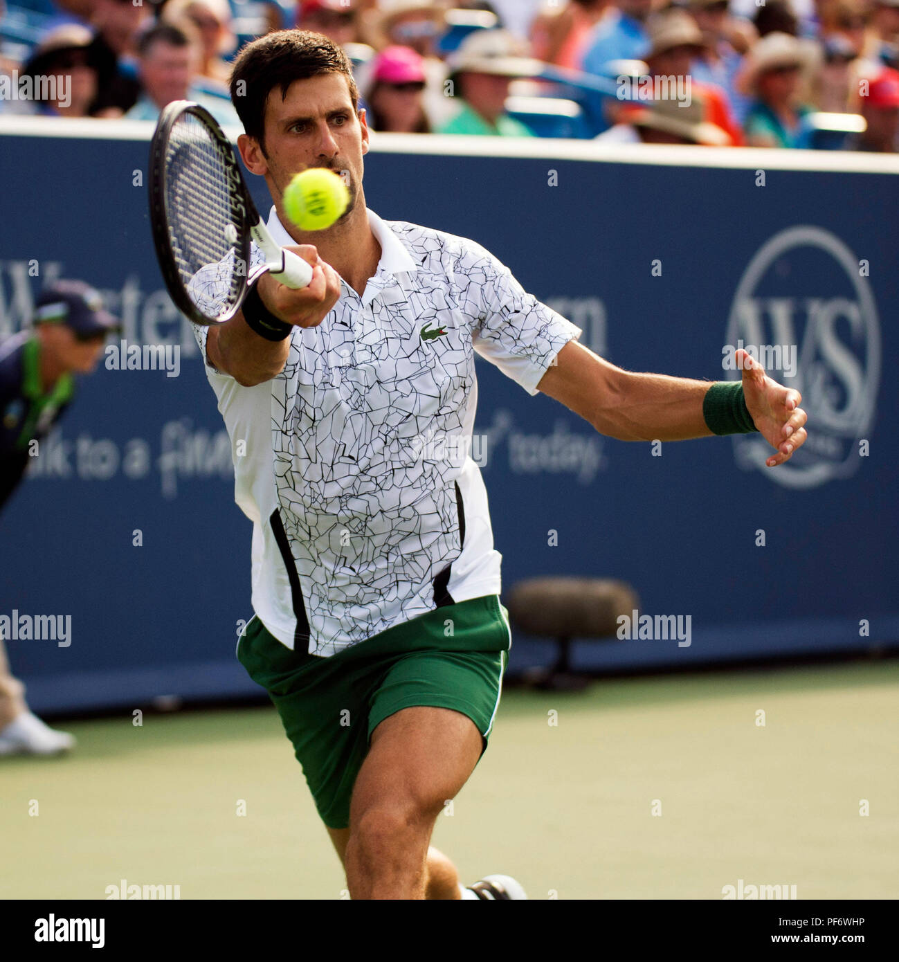 Mason, Ohio, USA. 19 août 2018 : Novak Djokovic (SRB) frappe la balle à Roger Federer (SUI) à la région du sud-ouest de l'ouvrir à Mason, Ohio, USA. Brent Clark/Alamy Live News Banque D'Images