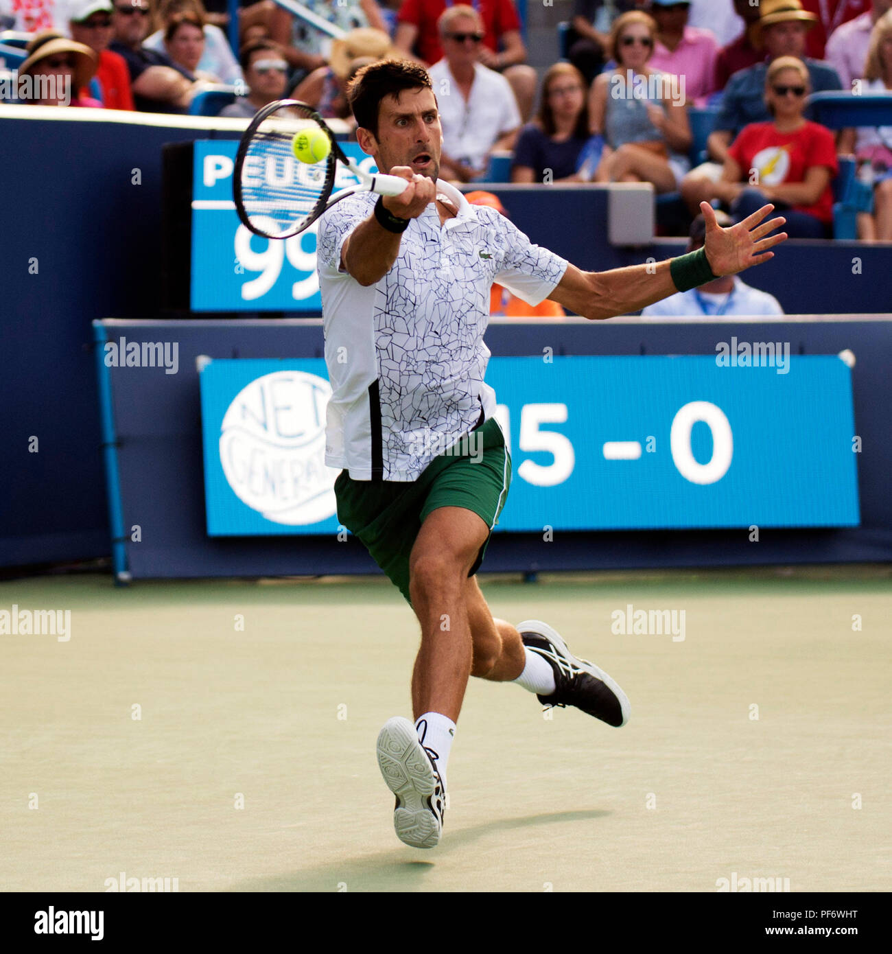 Mason, Ohio, USA. 19 août 2018 : Novak Djokovic (SRB) frappe la balle à Roger Federer (SUI) à la région du sud-ouest de l'ouvrir à Mason, Ohio, USA. Brent Clark/Alamy Live News Banque D'Images