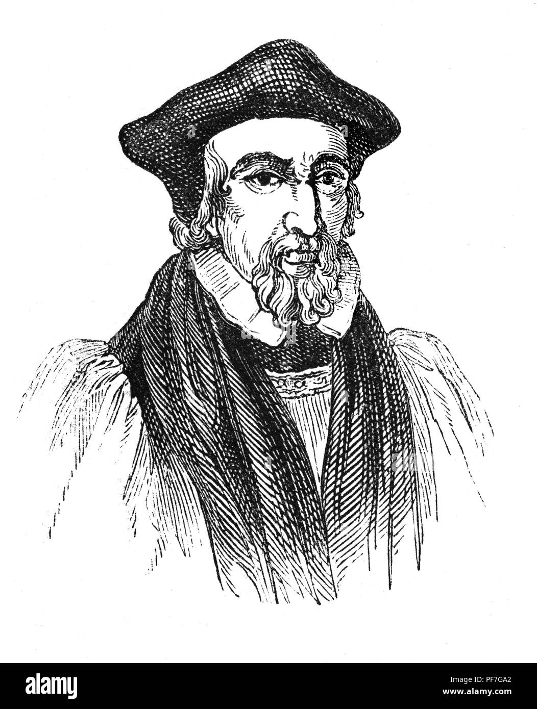 Portrait de Hugh Latimer (1487-1555), membre de Clare College, Cambridge, et évêque de Worcester avant la réforme, et plus tard l'aumônier de l'Église d'Angleterre au roi Édouard VI comme l'église anglaise déplacé dans un sens Protestant plus. Il a ensuite servi comme aumônier à Katherine duchesse de Suffolk. Cependant, quand la sœur d'Édouard VI Mary Je suis arrivé au trône, il a été jugé pour ses croyances et enseignements à Oxford et emprisonnés. En octobre 1555 il a été brûlé sur le bûcher en dehors de Balliol College, Oxford. Banque D'Images