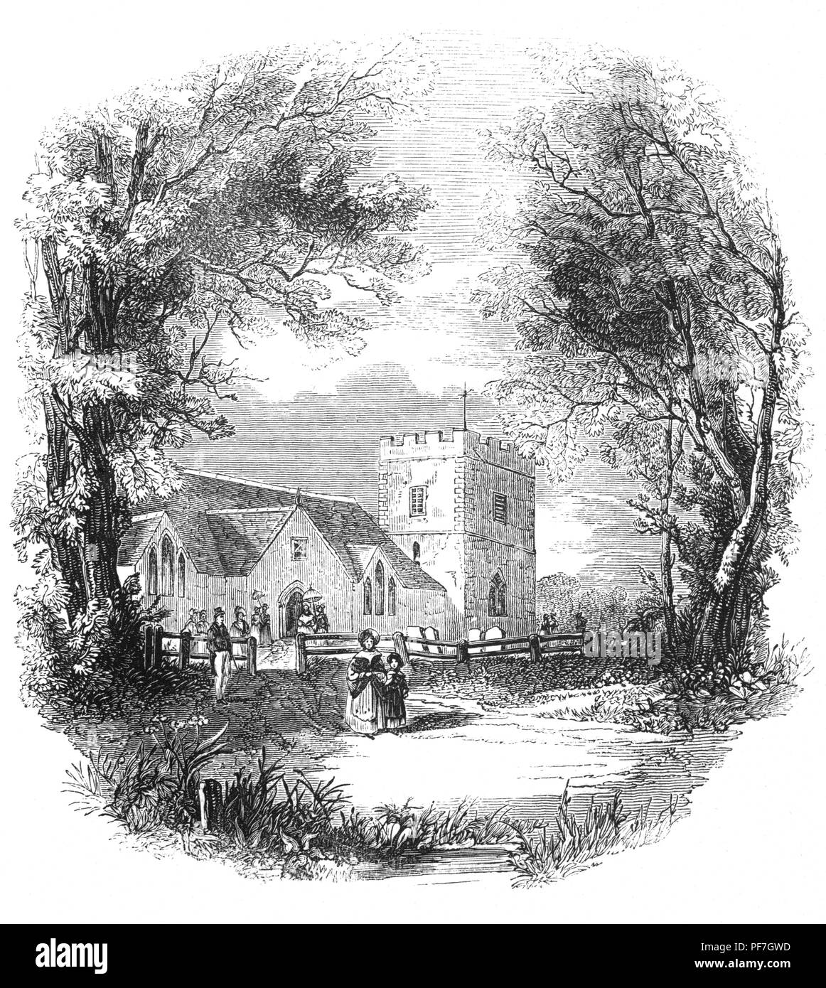 Les paroissiens à l'extérieur de l'église du 12e siècle St Jean Baptiste à Boldre, un village et une paroisse civile dans le nouveau district forestier de Hampshire Lymington près de la rivière. Les anciens résidents : William Gilpin, qui était le curé de village et naturaliste et a vécu à Vicars Hill. Célèbre pour la richesse de ses connaissances au sujet de la nouvelle forêt, et sa flore et faune il est enterré dans le cimetière de St Jean le Baptiste à côté d'un vieux arbre d'érable. Banque D'Images