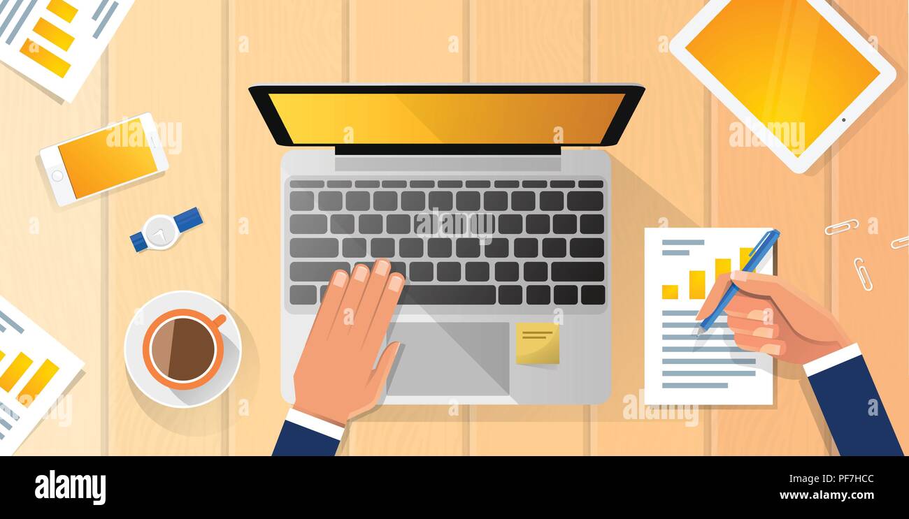 Milieu de travail mains d'affaires Bureau Ordinateur Portable télévision Vector Illustration Business Man Haut Angle au-dessus de bureau de Vue Illustration de Vecteur