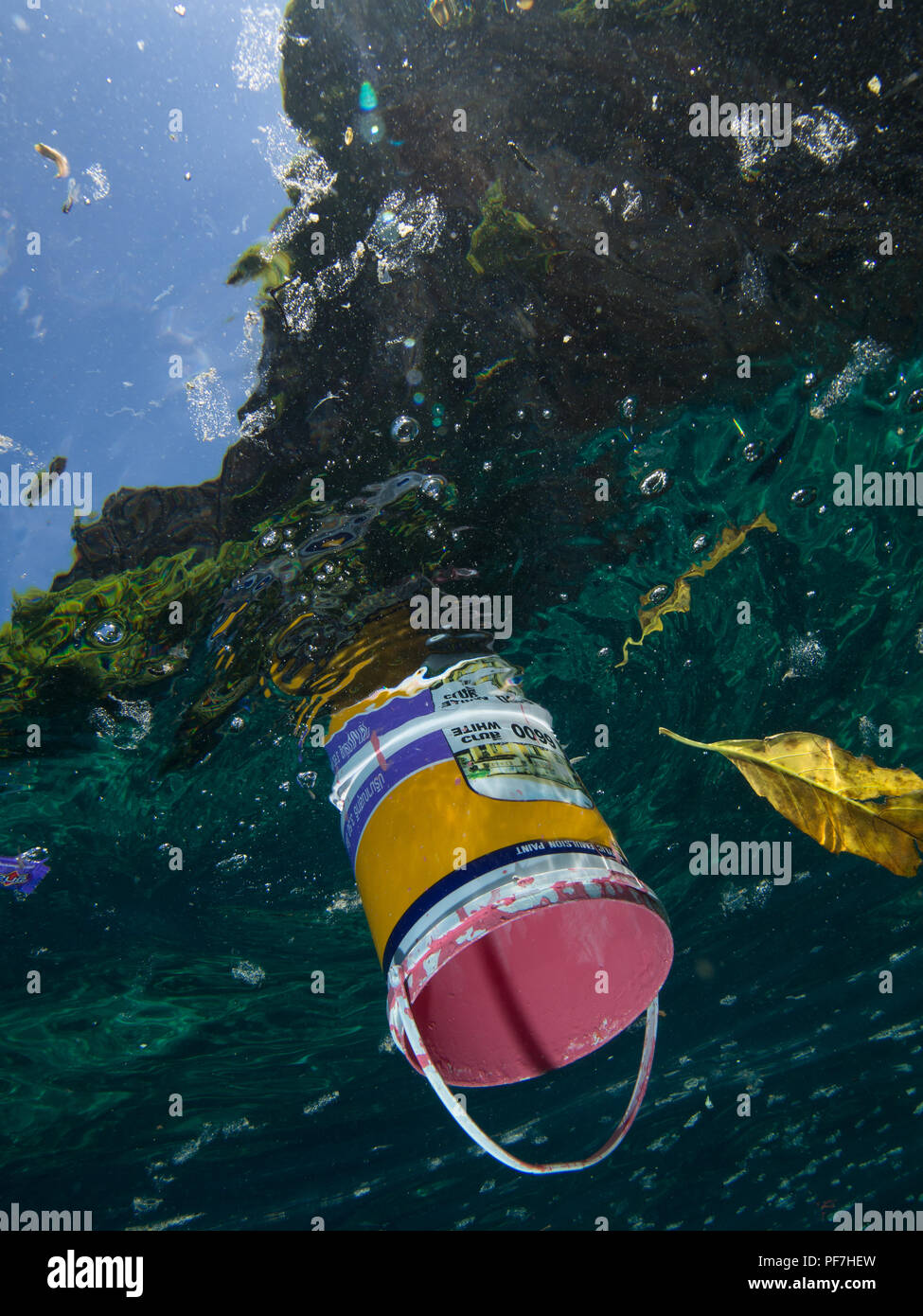 Seau de peinture flottant sur la surface de l'océan, tourné sous l'eau. Banque D'Images