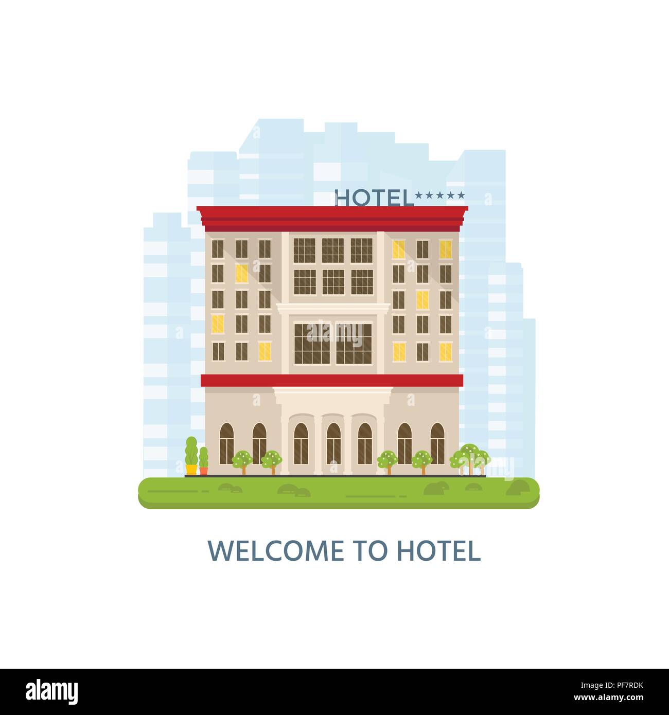 Cher hôtel de luxe de la ville, vecteur de télévision motel route de rue avec des voitures, de la ville, paysage urbain Vue de face. Voyages et tourisme conc Illustration de Vecteur