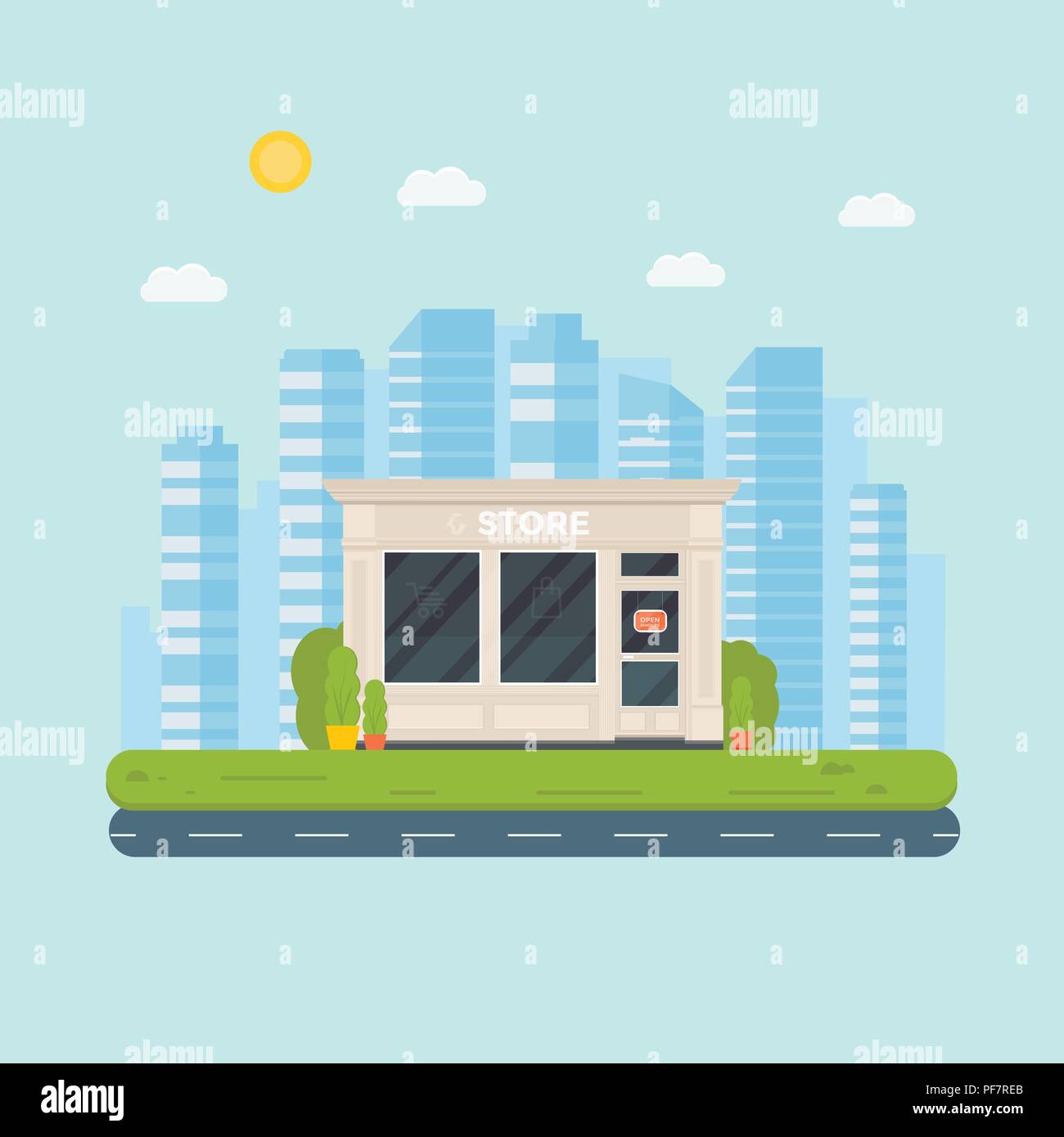 Design plat, vecteur, extérieur façade boutique, magasin, supermarché. Store fenêtre avant l'icône bâtiment isolé sur fond blanc. Illustration de Vecteur