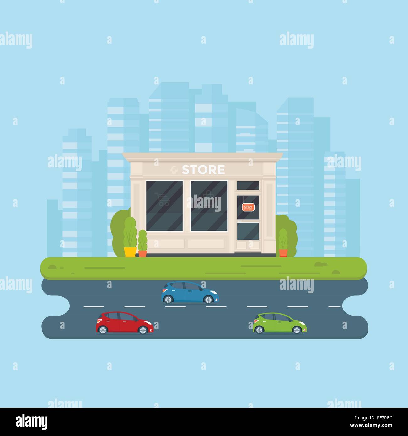 Design plat, vecteur, extérieur façade boutique, magasin, supermarché. Store fenêtre avant l'icône bâtiment isolé sur fond blanc. Illustration de Vecteur