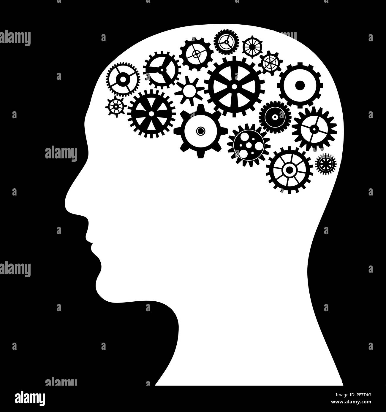 Image conceptuelle - processus de pensée. Tête d'un homme avec des engrenages dans la forme du cerveau. Spe8 Banque D'Images