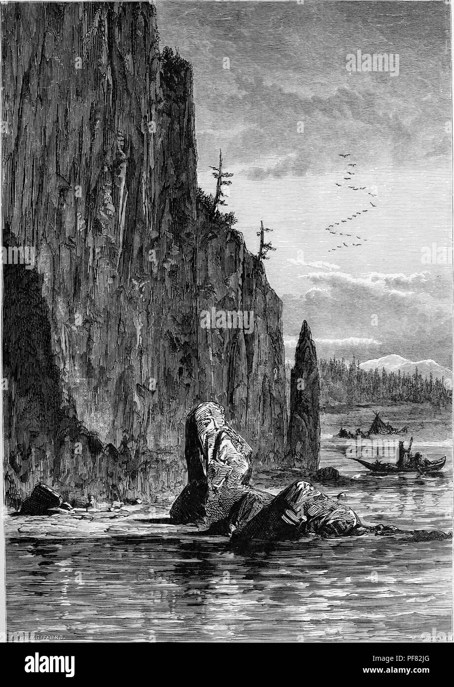 Tirage d'époque en noir et blanc représentant une personne à bord de canots de Cap Horn, une imposante falaise basaltique situé sur la rivière Columbia, près de Washougal à Washington, USA, publié dans William Cullen Bryant's edited volumes 'Amérique pittoresque ; ou, le pays dans lequel nous vivons", 1872. Avec la permission de Internet Archive. () Banque D'Images