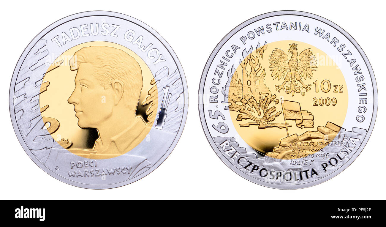 Coin : polonais Tadeusz Gajcy Stefan (1922 - 1944) poète et l'Armia Krajowa (armée de l'Intérieur) sur une pièce de soldat polonais commémorant le 65e anniversa Banque D'Images