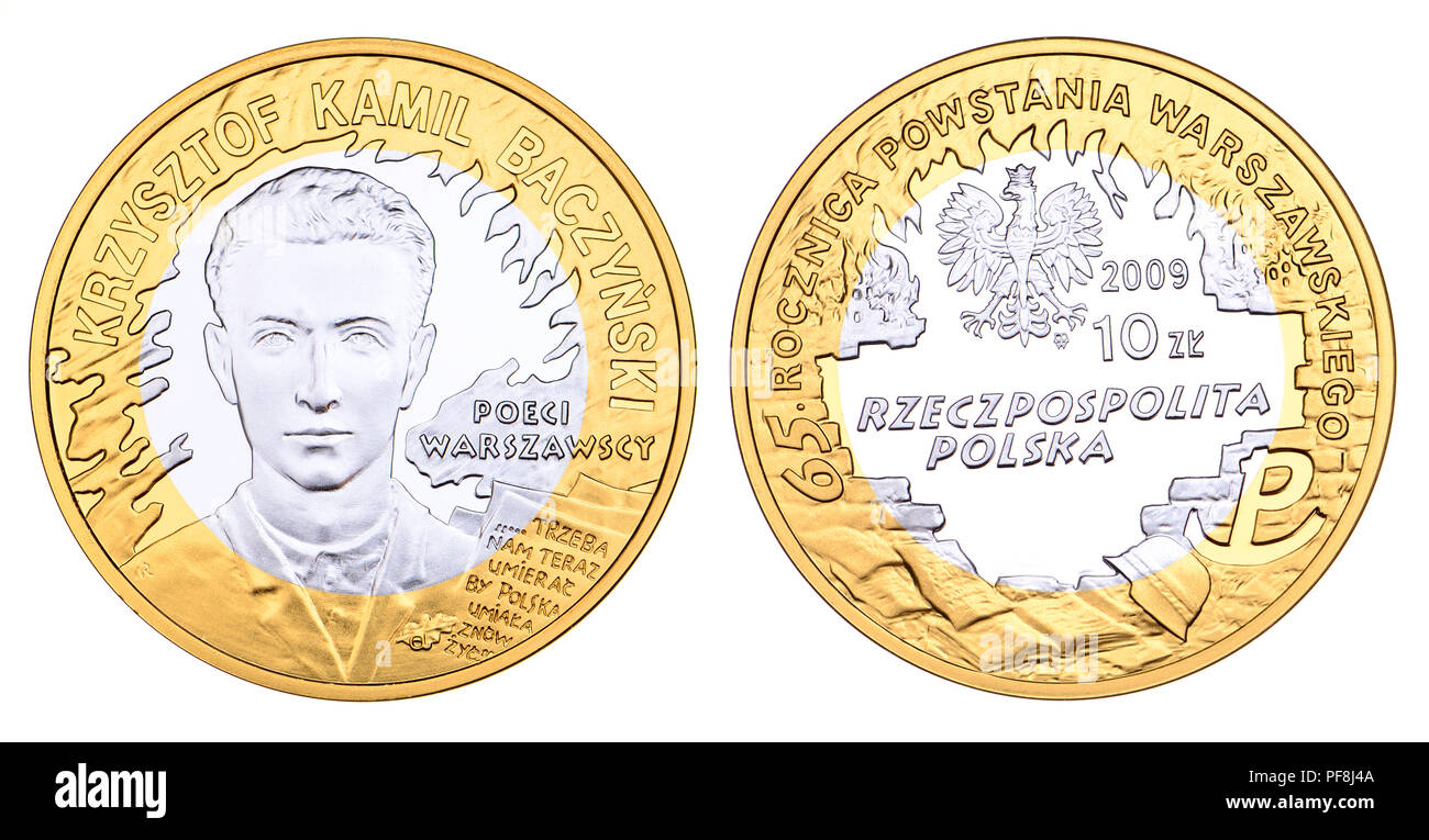 Coin : Polonais Krzysztof Kamil Baczynski (1921-1944) poète et l'Armia Krajowa (armée de l'Intérieur) soldat, sur une monnaie polonaise commémorant le 65e anniv Banque D'Images