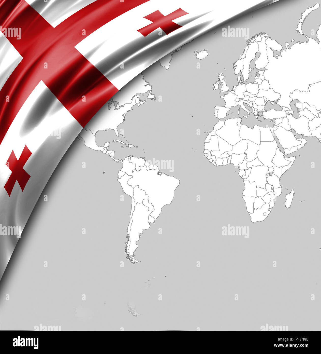 Drapeau de la Géorgie avec une place pour votre texte, dans l'arrière-plan une carte du monde. Banque D'Images