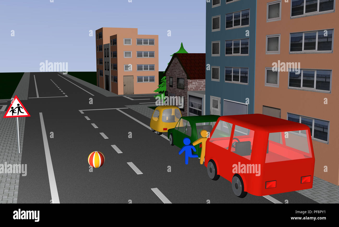 Situation de trafic : Les enfants courir après une balle derrière, sur la rue. Avec German road sign : méfiez-vous, les enfants qui jouent. Le rendu 3D Banque D'Images Situation de trafic : Les enfants courir après une balle derrière, sur la rue. Avec German road sign : méfiez-vous, les enfants qui jouent. Le rendu 3D Banque D'Images