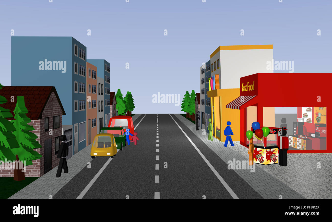 Vue sur la rue animée avec des magasins, des maisons, des voitures et de stand de pop-corn. Le rendu 3D Banque D'Images Vue sur la rue animée avec des magasins, des maisons, des voitures et de stand de pop-corn. Le rendu 3D Banque D'Images