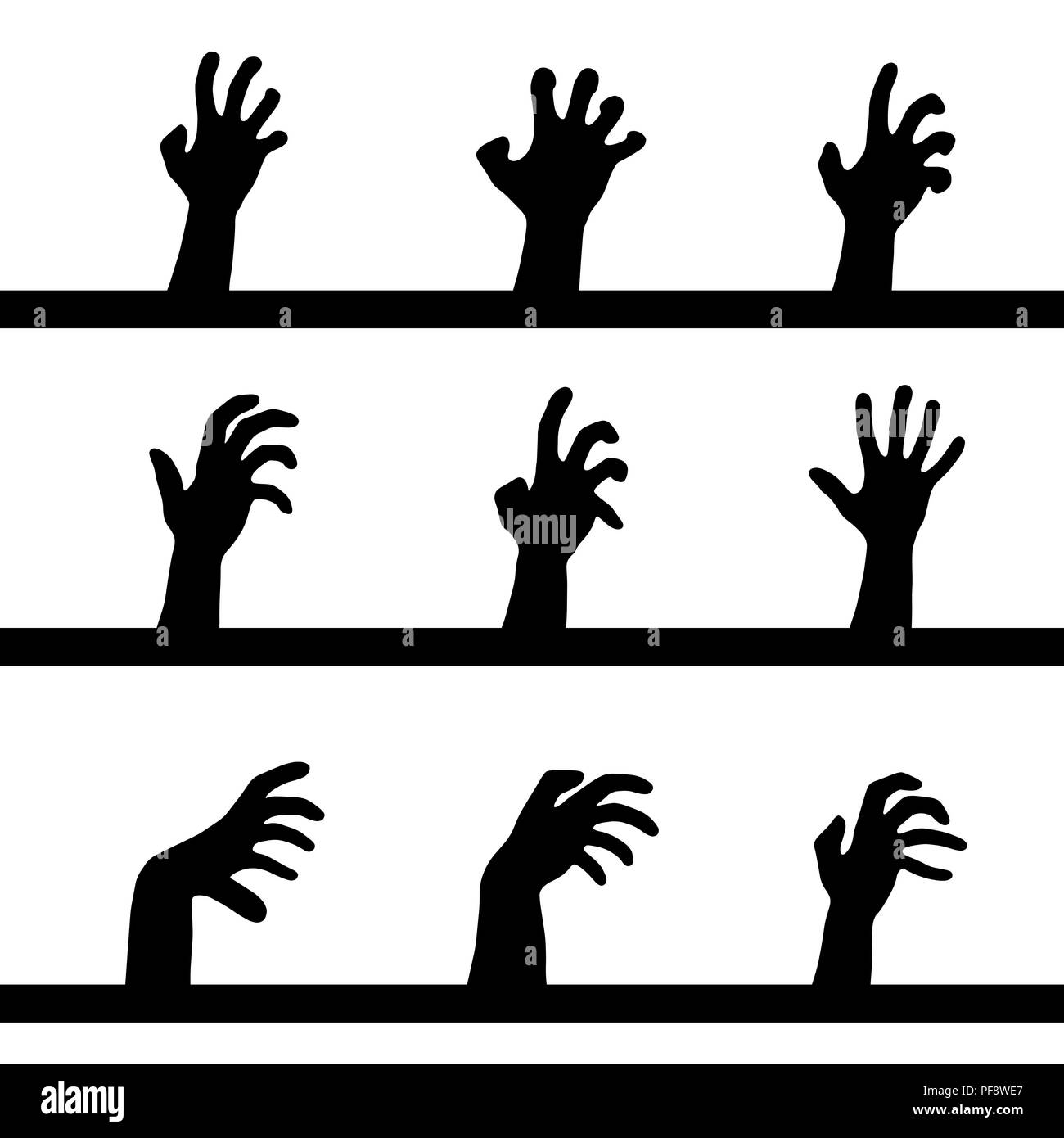 Ensemble de neuf différents zombie les mains noires silhouettes isolé sur fond blanc Illustration de Vecteur