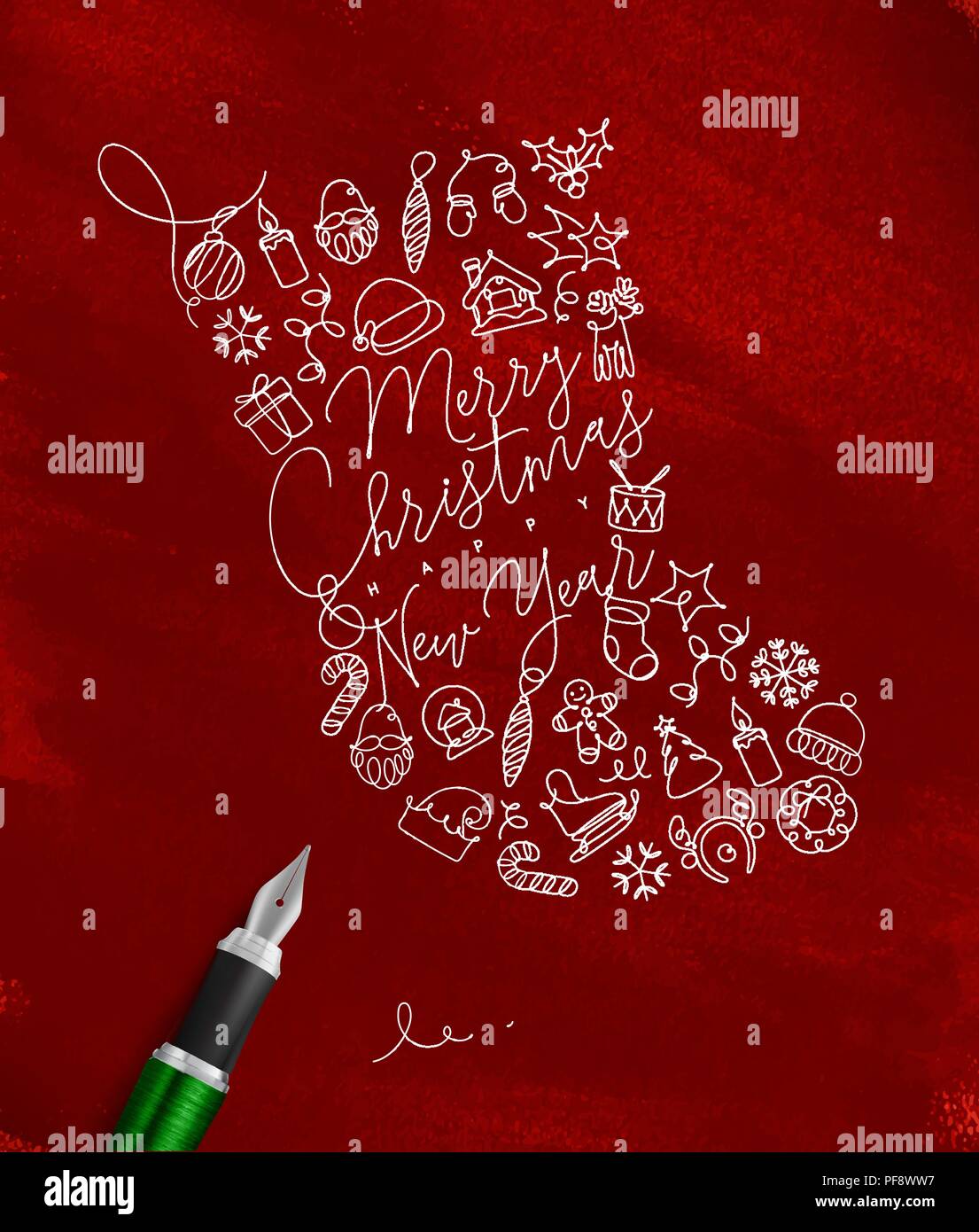 Lettrage chaussettes jouet joyeux noël et bonne année dessin avec ligne de plume sur fond rouge Illustration de Vecteur