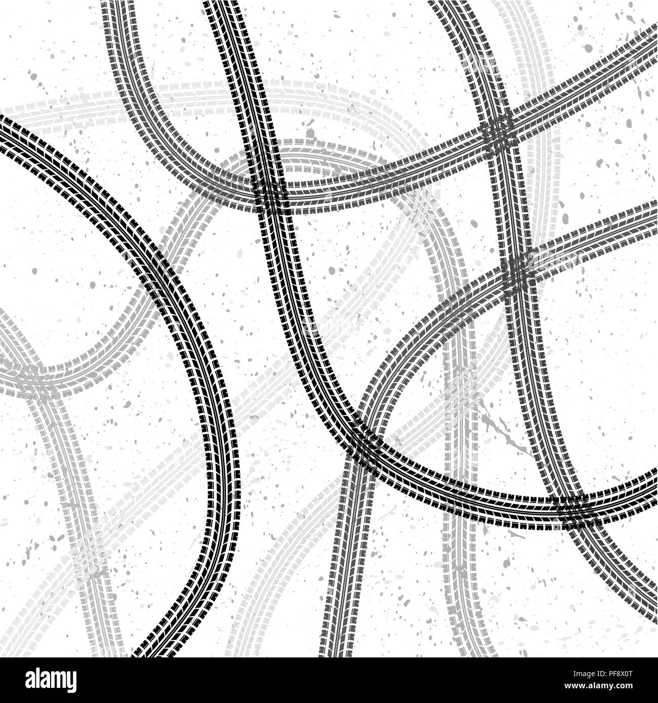 Fond blanc avec des taches d'encre gris et silhouettes des traces de pneus Illustration de Vecteur