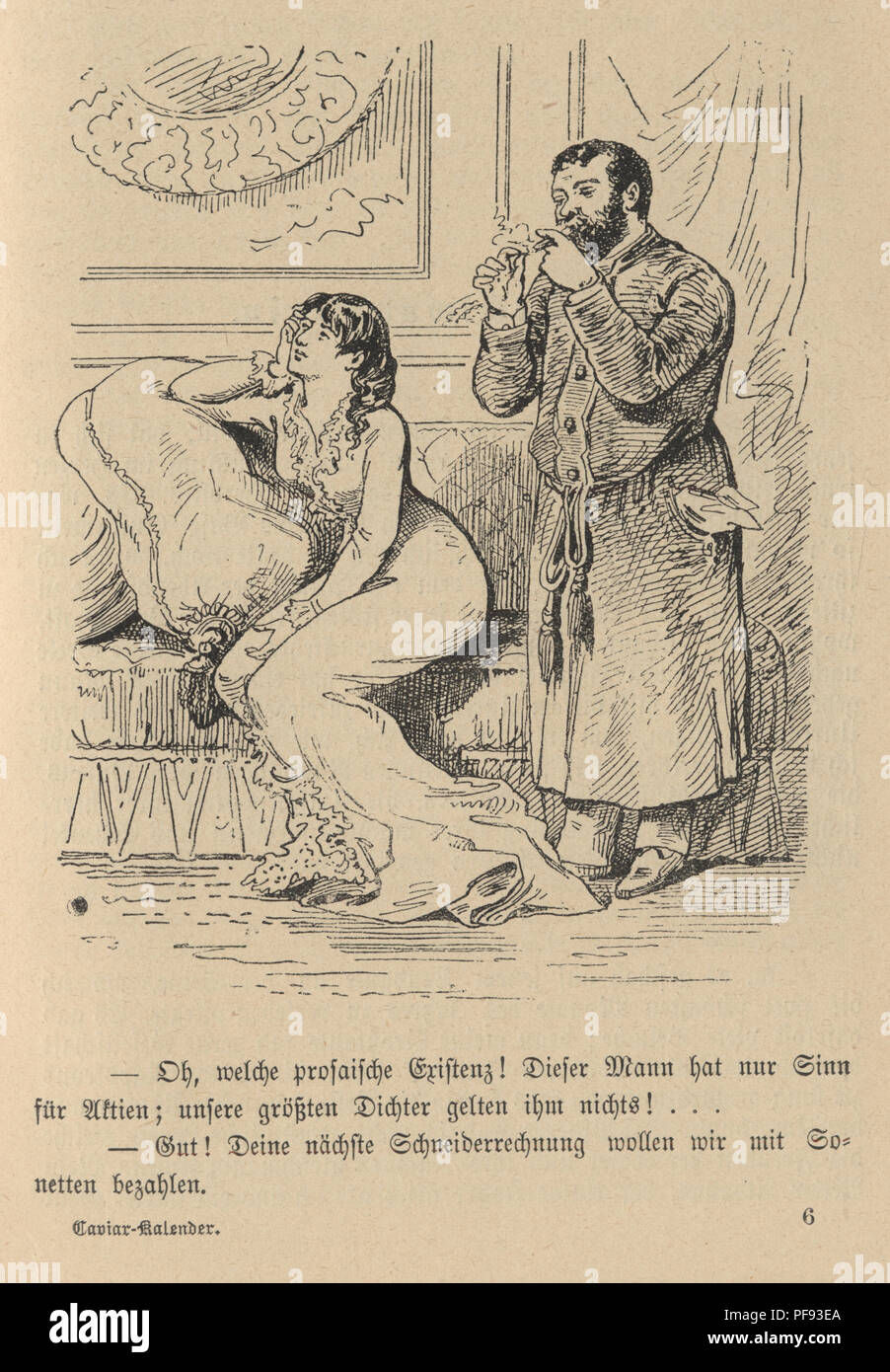 Gravure d'une Vintage Victorian caricature d'une femme et son mari, 1880, Allemand Banque D'Images
