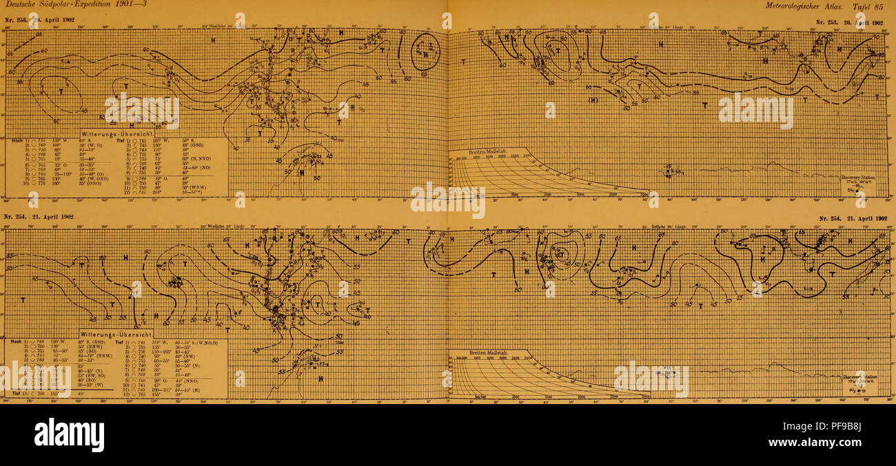 . Deutsche Südpolar-Expedition, 1901-1903, im Auftrage des Reichsamtes des Innern. Gauss (navire) ; des expéditions scientifiques. Deutsche Südpolar-Expedition-V 1901 Meteorologischer Attas. Tafel 85 Kr. 253. 20. Avril 1902 N°2S3. 20. Avril 1902. Hoch 1) ^ 76i ISO*' w. J) : 760 ira 3] w 76585- 4) o 7.'.- ; 66 • j'reo 40-:iV f.) -j 711'. 0" 7) ; ; 76j'59" 0. "1-45- (N) 8) w 765 75* 35* (SW, 80| 9) ( 765° iso 40" (30) 165' 30-35° (W) Tief |S] » 7ui [fiS 76" peu ü. j ;° (NKO) 10) O "45 47* 38° 11) rs 7" 100-lO.V 50-5J° (N) Nr 255. 22. N° 2 avril HM"255. 22. Avril 1902. Veuillez noter Banque D'Images