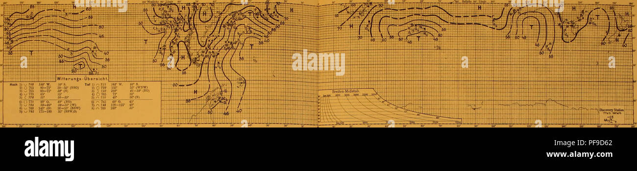 . Deutsche Südpolar-Expedition, 1901-1903, im Auftrage des Reichsamtes des Innern. Gauss (navire) ; des expéditions scientifiques. 190J-Siidpolar-Expedillon Deutsche 3 Nr.:ö1. S. Se|&gt;t"iiil)er 1903 Meteorologischer Alias. N° 202 Tafel J54. 3. 11 septembre)08 Hoch 1&gt ; '^ 760 Itir W. .J(r 8. Tief 1) z-' 7J5" äff Jfifi W.* 8. 2) O 7Ö "J-75 SC---"- (SSO) 21 O '"&gt ; j:ö" 55' IWKWl^ .1) - 7rö soi-75' 30° (S) a) 5760 J00° « -50° (KOj 4) &gt ; / 770 G.i- "• 4) C) 765 72" 33° 5) C 770 75' de sorte à 35° 5) r T3i 40° 50° (N) 6) cl 77IJ 20° O. I(r iNO) 7) W 705 soi-tfS' 30-3i° (W) ") ^ 760 145° ( Banque D'Images