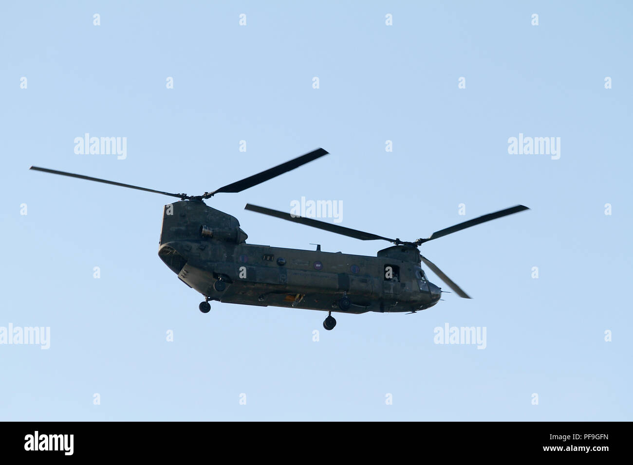 Rotor en tandem d'hélicoptère de l'armée américaine en vol Banque D'Images