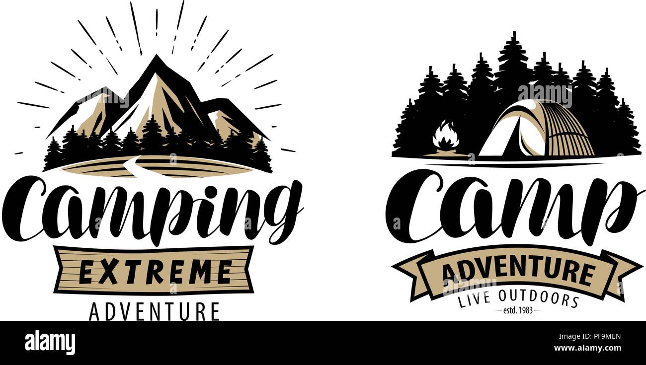 Camping, camp logo ou label. Loisirs de plein air, randonnées concept. Vector illustration lettrage Illustration de Vecteur