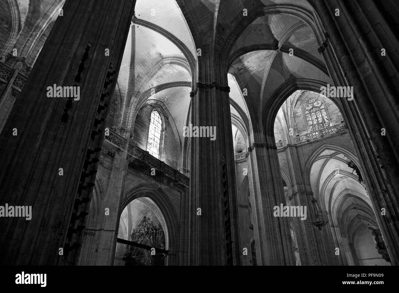 Partie de l'immense nef de la cathédrale de Santa María de la Sede. Sevilla, Espagne : la plus grande église gothique du monde. Version noir et blanc Banque D'Images