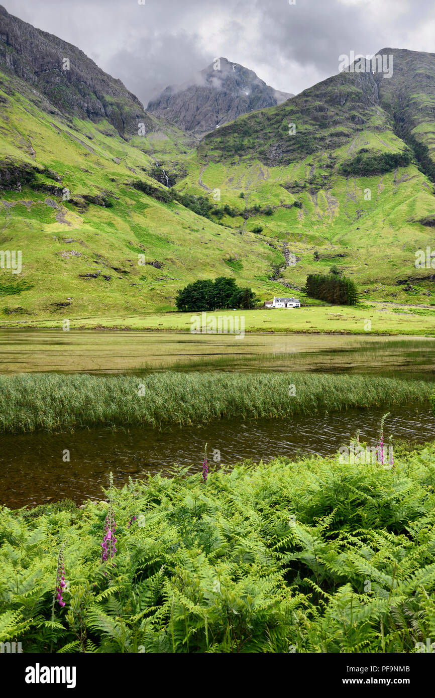 Achtriochtan Achnambeithach cottage sur le Loch en vertu de l'Aonach Dubh cascade et Bidean nam Bian montagnes vallée de Glen Coe en Écosse UK Banque D'Images