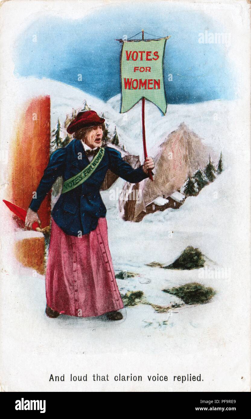 Carte postale en couleur, représentant une femme sans attrait, marcher dans la neige en portant un panneau "le vote des femmes, ' 'titrées et fort que voix clarion a répondu' référençant le poème de Longfellow 'Excelsior, ' au sujet d'un homme qui, ignorant les avertissements, cherche à remplir sa quête sur un jour d'hiver dangereusement, suggérant que suffragettes sont stupides, publié pour le marché américain, 1900. () Banque D'Images