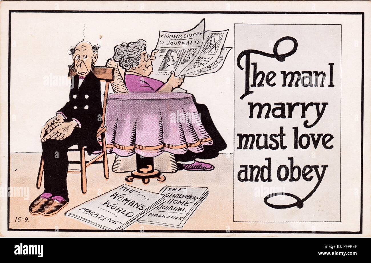 Carte postale en couleur, représentant une grande femme la lecture d'une publication de vote alors que son mari est assis par son intimidé avec obéissance, titré "l'homme que j'ai épouser doivent aimer et obéir, ' l'idée de référencement, les femmes qui se sont demandé s'effrite à dominer leur mari 2222, publié pour le marché américain, 1900. () Banque D'Images