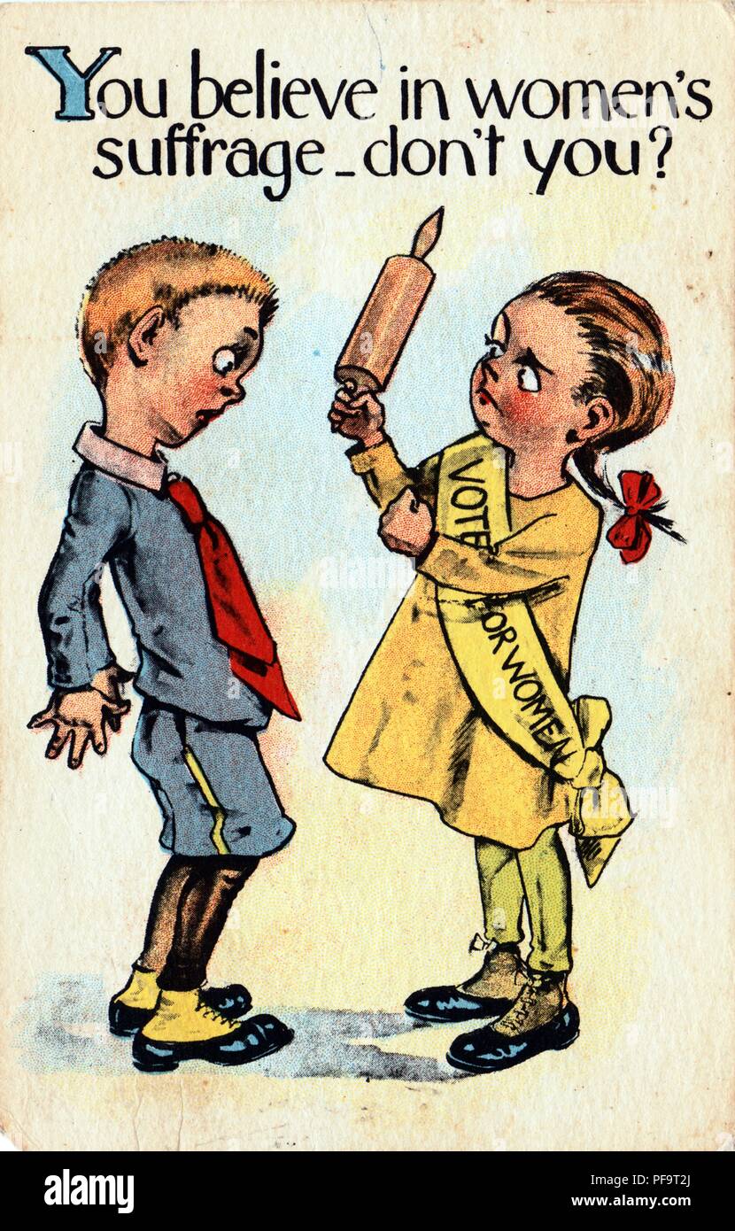 Carte postale en couleur, représentant une petite fille, vêtue d'une 'Voix  de Femmes' echarpe, brandissant un peu différent et un rouleau à un petit  garçon surpris, titré "Vous croyez en le suffrage