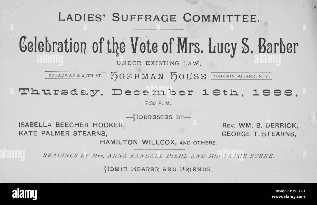 Carte en noir et blanc, publié par le 'comité' le suffrage des femmes l'octroi de l'intervention d'un avantage pour Lucy coiffure, une suffragette, qui a tenté de voter et a été arrêté pour elle, à l'Hoffman House dans Madison Square, New York, 1886. () Banque D'Images