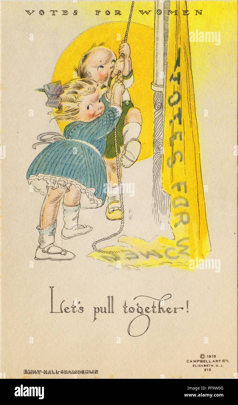 Carte postale en couleur, représentant une petite fille et un petit garçon qui travaillent ensemble pour élever une voix 'jaune pour les femmes' pennant, titré "Let's tirer ensemble !" illustré par Emily Hall Chamberlin, pour la National American Woman Suffrage Association, et publié dans ELIZABETH NJ, par la compagnie Art Campbell, pour le marché américain, 1915. () Banque D'Images