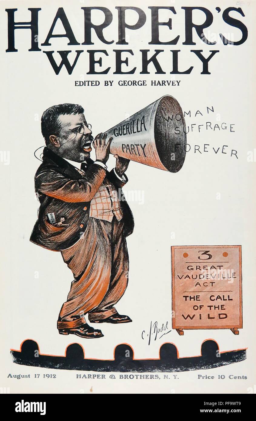 Couverture de magazine couleur, représentant de Theodore Roosevelt Jr, puis Bull Moose Party candidate présidentielle, debout sur une scène, et de crier au suffrage des femmes 'Forever' par un mégaphone, pour indiquer sa position pro-suffrage universel, publié pour le marché américain par Harper's Weekly, 17 août 1912. () Banque D'Images