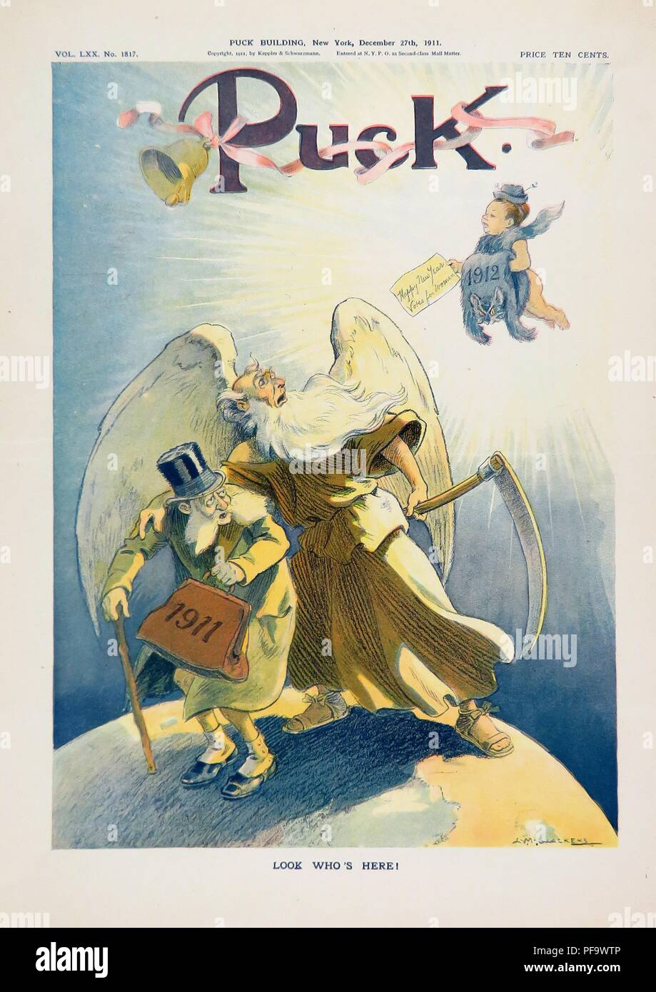Couverture de magazine couleur, représentant 1911 comme un vieil homme, d'être marqué par le temps, tandis que les mouches en 1912 à partir de l'angle supérieur droit, sous l'apparence d'un bébé suffragette, tenant une étude la lecture de 'bonne année, le vote des femmes, ' sous-titrées "regarde qui est là !" publié pour le marché américain par Puck Magazine, un hebdomadaire satirique fondée par Joseph germano-américain Kepler, le 27 décembre 1911. () Banque D'Images